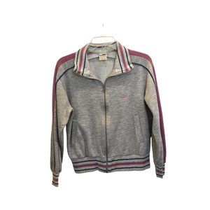 Women's Vintage Puma Grey Full Zip Sweatshirt W/Pink Stripes Size M
